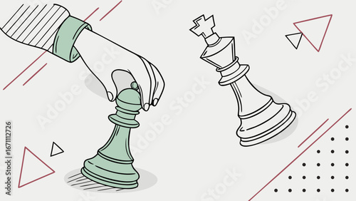 Hand moving a chess piece strategy game competition challenge business planning success victory defeat checkmate leadership teamwork concept illustration design graphic artwork vector minimalist mode.
