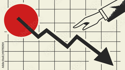 Abstract illustration of downward trend financial crisis economic decline business graph hand pointing at decreasing chart red circle black arrow chart grid business concept investment loss market cr.
