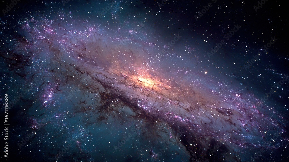 Fototapeta premium A spiral galaxy with bright center and swirling arms against a dark background.