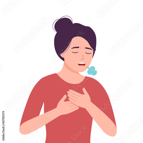 Woman pressing against her chest with a shortness of breath symptom in flat design on white background. Difficulty breathing.