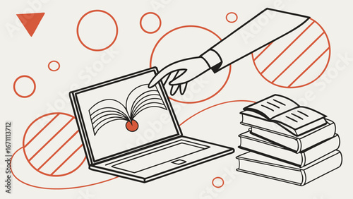 Online Education E-learning Concept Laptop Books Study Knowledge Digital Library Reading Hand Technology Abstract Background Simple Illustration Modern Design Vector Graphic Education Resources Learn.