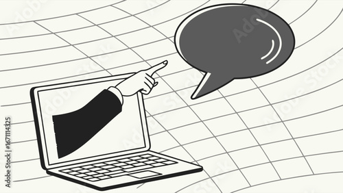 Laptop screen with hand pointing at speech bubble digital communication concept.