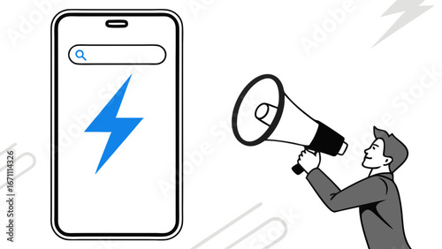 Smartphone Announcement Mobile Marketing Fast Speed Digital Promotion Business Illustration Online Advertising Search Engine Mega Phone Quick Alert Notification.