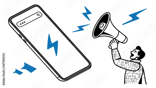 Smartphone announcement digital marketing mobile advertising fast communication online promotion megaphone loud message website launch app launch new product release business promotion social media m.