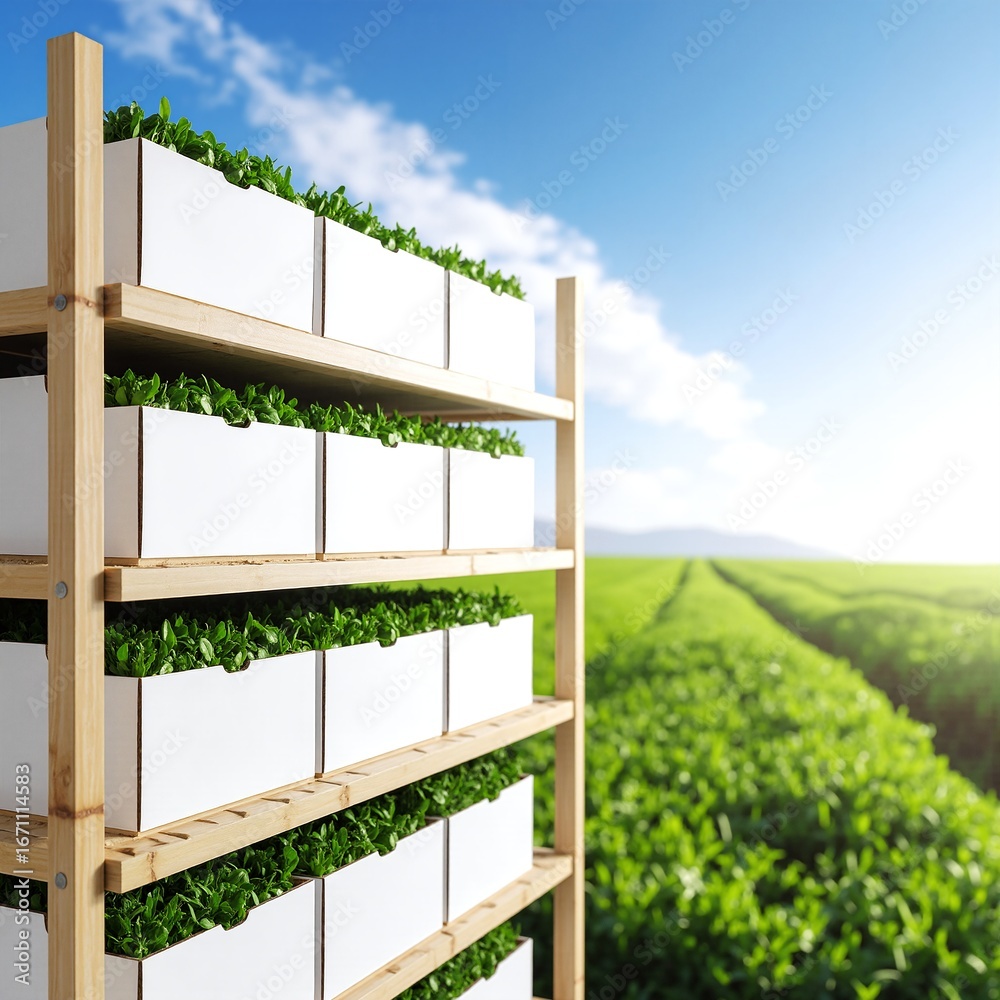 Fototapeta premium A rustic wooden planter brimming with vibrant green plants, showcasing a variety of lush foliage, adding a touch of nature to any space.