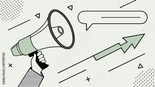 Hand holding megaphone with upward arrow and speech bubble announcement marketing promotion advertising communication growth business concept illustration.