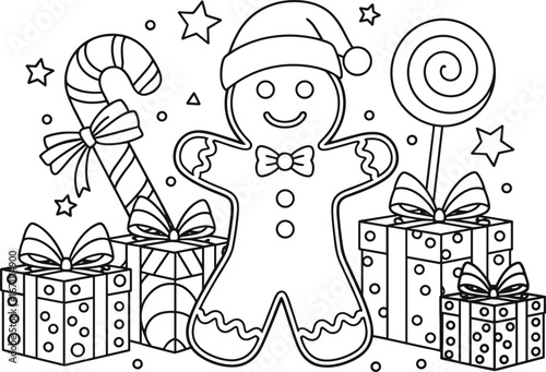 Christmas Coloring Page Gingerbread Man Candy Cane Gifts Presents Lollipop Stars xmas holiday