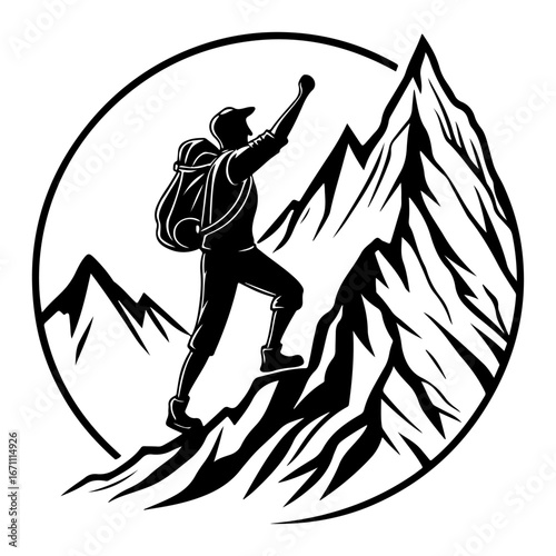 silhouette of mountain climber reaching summit, adventure and success vector illustration