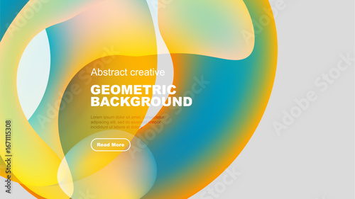 Abstract geometric background features vibrant overlapping shapes. Yellow, blue, green hues create modern design. Text present, button visible.