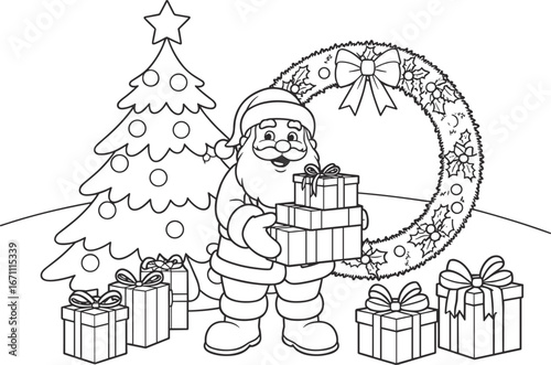 Christmas Coloring Page Santa Claus Tree Gifts Wreath Presents xmas holiday