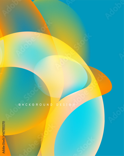 Abstract vibrant shapes overlap. Yellow, orange, turquoise hues blend creating smooth gradients. Modern design element for backgrounds.