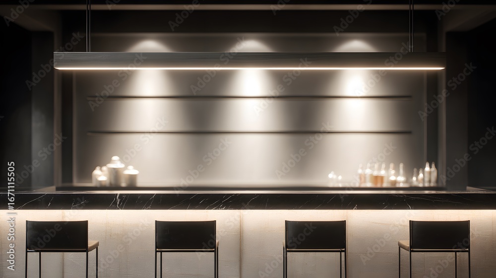 Fototapeta premium blurred image of a minimalist cocktail bar softly glowing with linear recessed ceiling lights, ivory and black palette