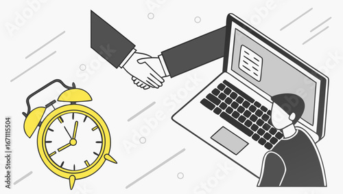 Online Business Deal Laptop Handshake Time Management Clock Illustration.