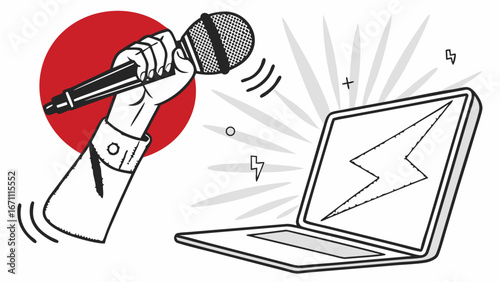 Online Broadcasting Podcast Microphone Laptop Digital Media Illustration Hand Holding Mic Streaming Voiceover Social Media Graphic Live Show Design Virtual Event Internet Radio Audio Recording Commun.