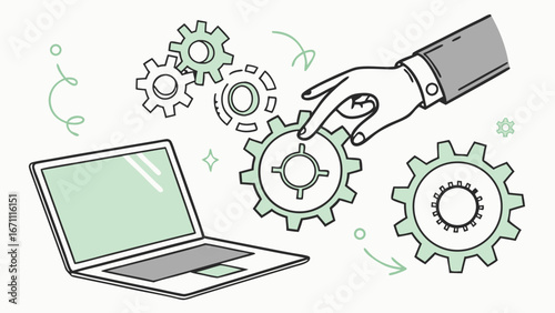 Hand interacting with gears and laptop illustrating workflow process technology development and settings.