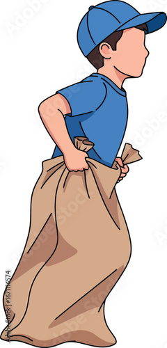 Boy in blue shirt and cap participating in a sack race.