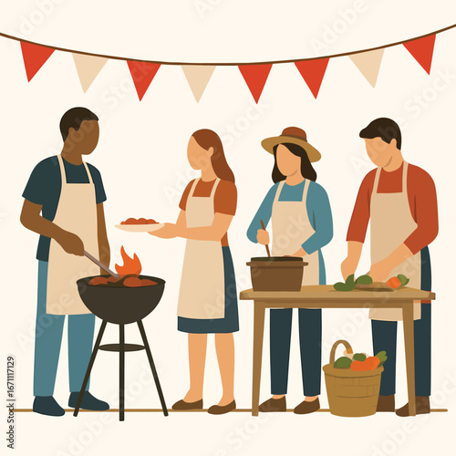 Diverse group of people enjoying a barbecue and preparing food together.