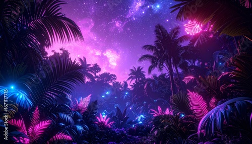 A neon alien jungle with bioluminescent spores glowing in the air, giant exotic