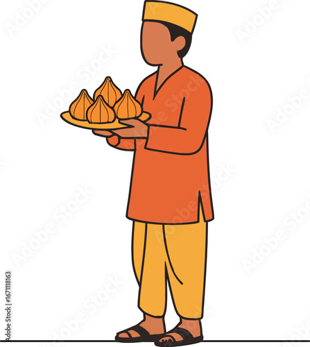 Man in Traditional Indian Attire Offering Modak Sweets.