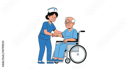 Caring nurse assists elderly patient in wheelchair promoting health and support during recovery