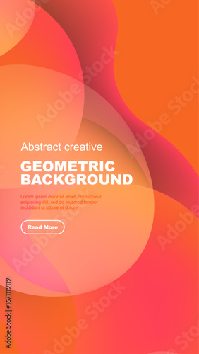 Abstract shapes overlap, creating vibrant color gradients. Text block present with button. Modern design, dark background.