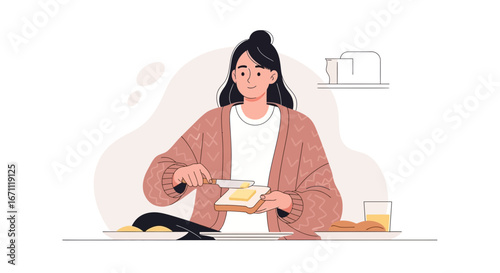 Woman Spreads Butter On Toast, Enjoying Simple Pleasures During Breakfast Time