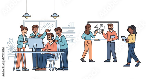Creative teamwork illustration in a modern office workspace promoting collaboration and