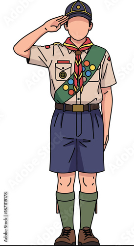 Young Scout Saluting in Uniform with Merit Badges.