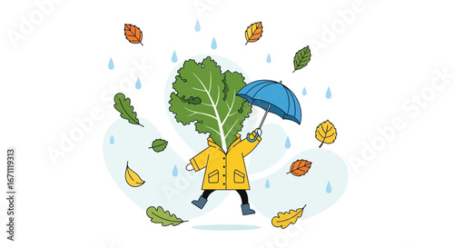 Whimsical Figure Embracing Autumnal Weather with Raindrops and Colorful Leaves.
