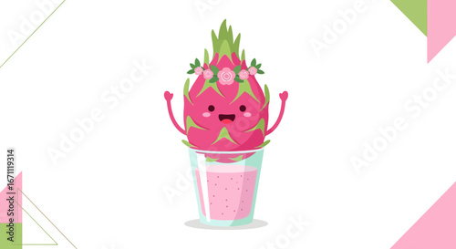 Smiling Dragon Fruit Character in a Glass with a Decorative Floral Crown and Pink Juice