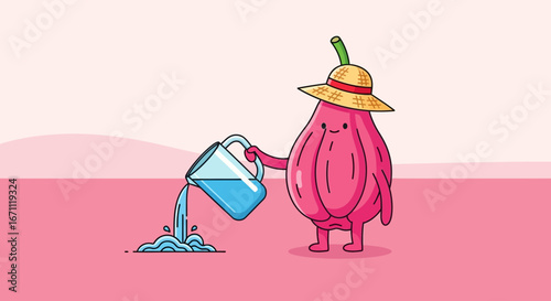 Whimsical Fruit Character Watering, Adorable Illustration with Cheerful and Refreshing Vibe