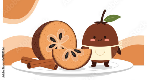 Whimsical Fruit Illustration Featuring Cut Sapodilla And Adorable Animated Character