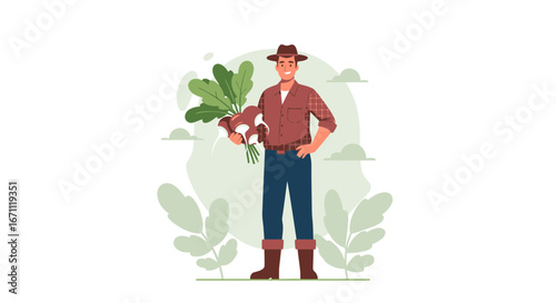 Smiling Farmer Proudly Displaying Freshly Harvested Root Vegetables in Field