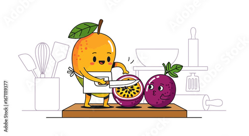 Whimsical Fruit Chef Slicing a Passion Fruit, Adorable Character Illustration in a Kitchen
