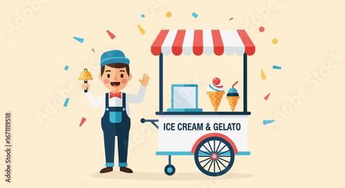 Smiling Ice Cream Vendor Welcoming Customers Near His Delightful Gelato Cart Ready to Serve