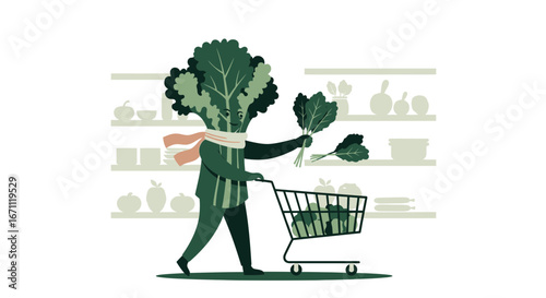 Whimsical Illustration Of A Vegetable Character Shopping For Fresh Groceries In Supermarket