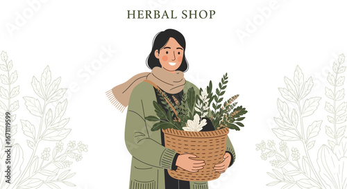 Smiling Lady Holding a Basket of Fresh Herbs, Representing Natural Remedies and Wellness