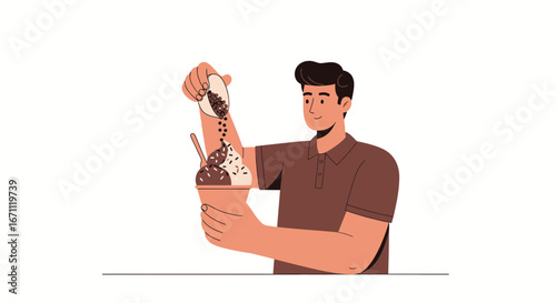 Smiling Man Garnishing Ice Cream Cup With Sweet Toppings Illustration