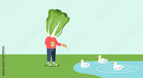 Whimsical Scene Of A Bok Choy Headed Person Feeding Ducks Next To Waterbody