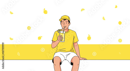 Smiling Person Drinks Refreshing Summer Beverage on Yellow Backdrop Background
