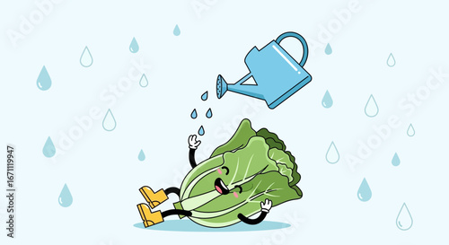 Whimsical Vegetable Enjoying Gentle Water Shower From A Watering Can Illustration