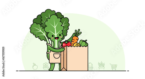 Whimsical Vegetable Persona With Grocery Bag Demonstrating Fresh Produce and Healthy Eating Habits