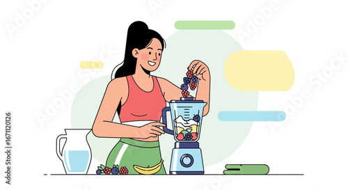 Smiling Woman Preparing Healthy Ingredients in A Blender for Delicious Fruit Smoothie