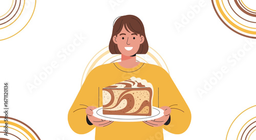 Smiling Woman Presenting a Slice of Delicious Cake on a White Plate with Artistic Elements