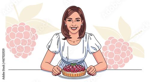 Smiling Woman Presenting a Delicious Raspberry Tart on a White Background