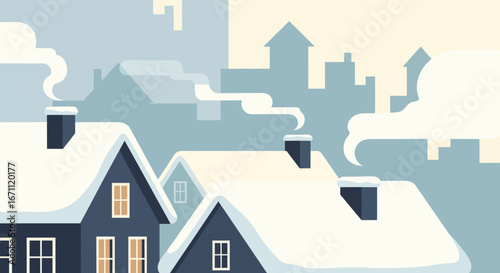 Winter Village Scene Depicting Snow Covered Houses and Chimney Smoke Against Sky