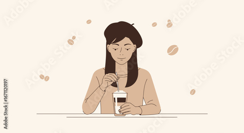 Smiling Young Woman Savoring Iced Coffee: A Moment of Refreshment and Calm