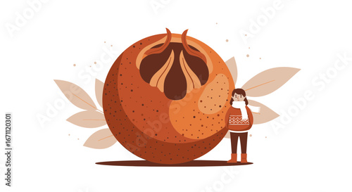 Woman Appears Next To Large Ripe Fruit, Autumnal Illustration, Seasonal Depiction