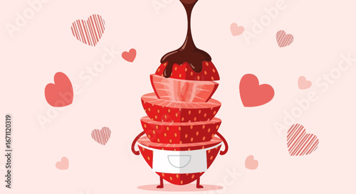 Stacked Strawberry Character Drizzled With Chocolate On A Pink Background