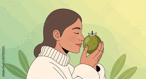 Woman Appreciating Fruit Aromas In A Calm Setting Amidst Naturalistic Background
